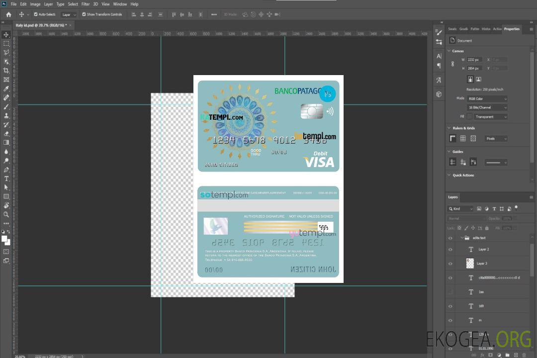 Modèle de carte de débit de carte visa bancaire Argentine Banco Patagonia au format PSD, entièrement modifiable template